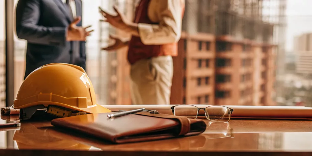 Construction accident lawyer reviewing a case at a site office with a helmet on the desk.