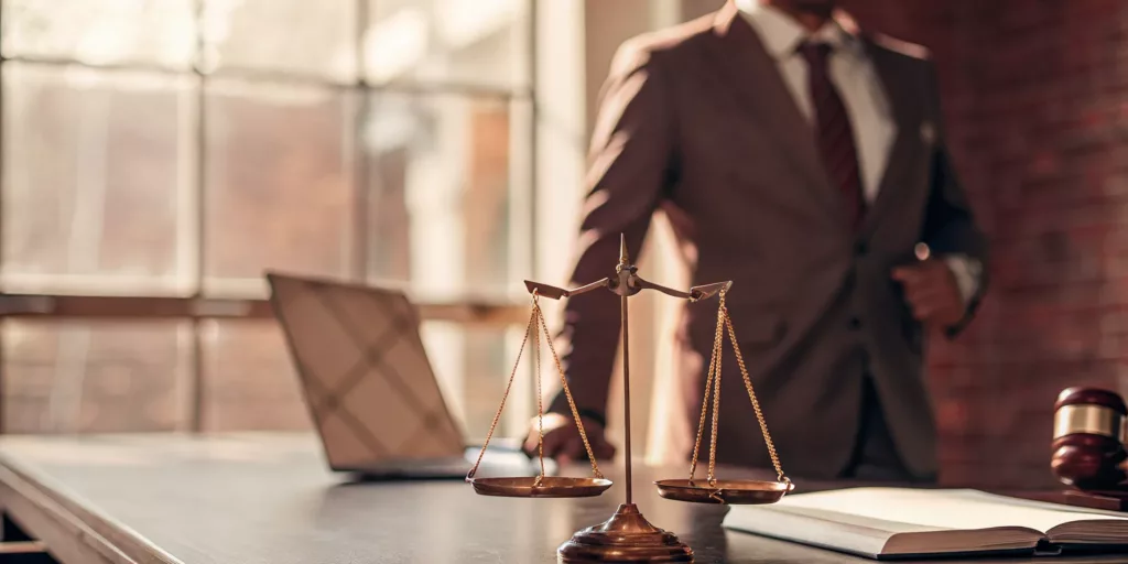 Gavel and scales of justice on a desk for a video game addiction lawsuit.