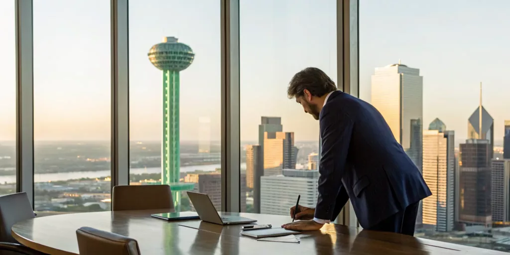 Dallas personal injury lawyer in an office with a view of the Texas city skyline.